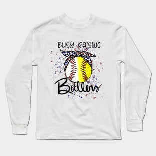 Busy Raising Ballers, baseball, softball mom, red white blue cheetah bow design Long Sleeve T-Shirt